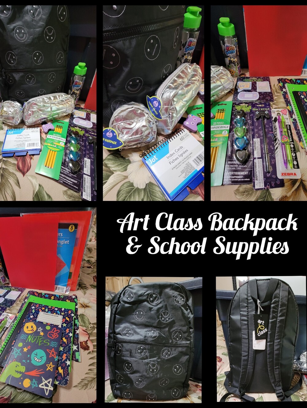 821-Art Class Black Smiley Gaming Themed Backpack & School Supplies